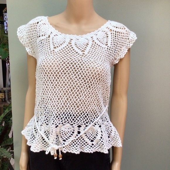 Y2K Vintage White Crochet Short Sleeve Top - Picture 1 of 9